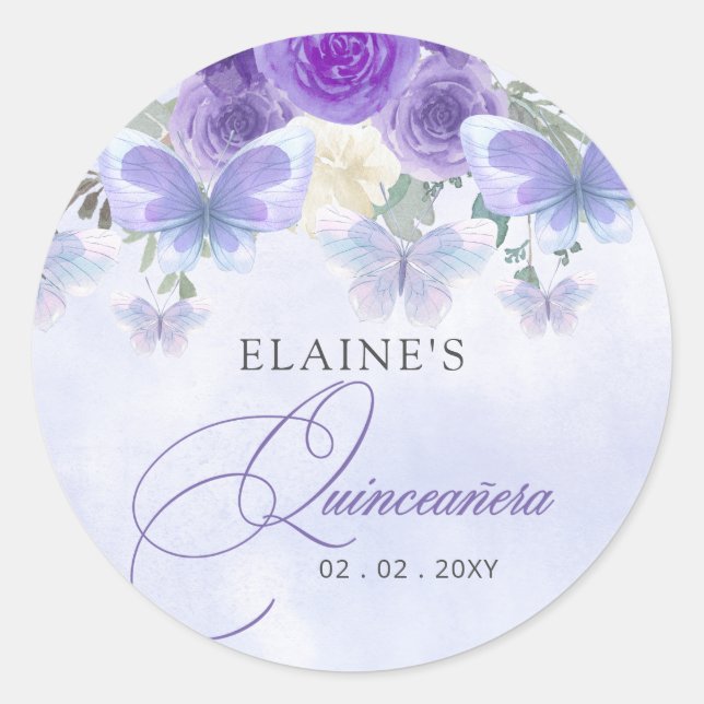 Sticker Rond Papillons Lilac Floral Russe Quinceanera (Devant)