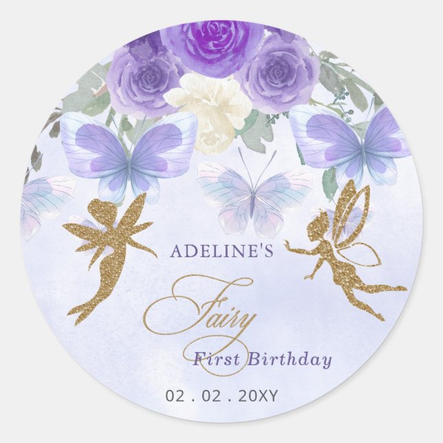 Sticker Rond Papillons Purple Gold Fairy Premier anniversaire (Devant)