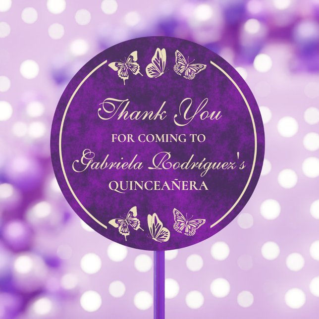 Sticker Rond Papillons Purple Gold Quinceañera 15 Ans (Purple Gold Butterflies 15 Years Old Quinceañera Classic Round Sticker)