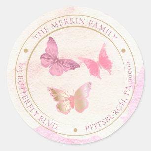 Sticker Rond Papillons roses Circle Adresse de retour