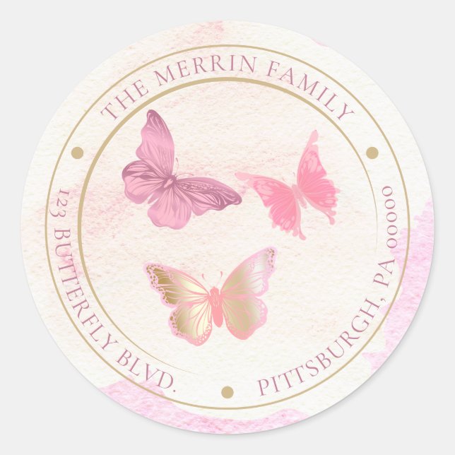 Sticker Rond Papillons roses circulaires adresse de retour (Devant)