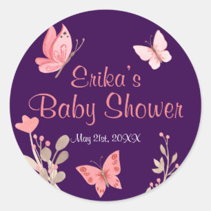 Sticker Rond Papillons roses et fleurs Baby shower violet