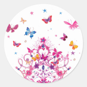 Sticker Rond Papillons volants colorés avec des objets d'art de