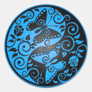 Sticker Rond Papillons Yin Yang, bleu & noir