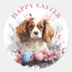 Sticker Rond Pâques Cavalier roi Charles Oeufs et fleurs -