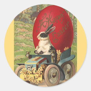 Sticker Rond Pâques drôle vintage, Lapin oeuf automobile