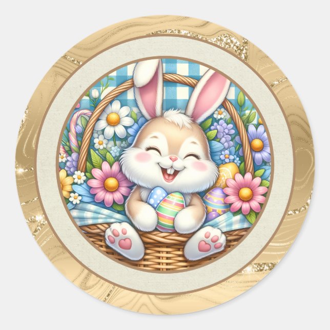Sticker Rond Pâques joyeuses avec du lapin mignon, des oeufs et (Devant)