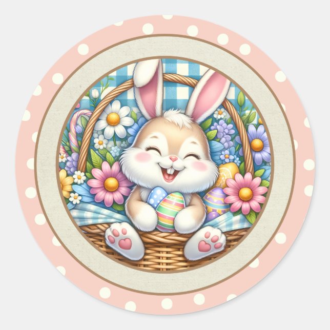 Sticker Rond Pâques joyeuses avec du lapin mignon, des oeufs et (Devant)