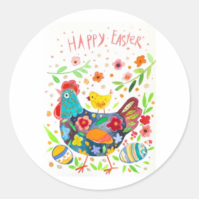 Sticker Rond Pâques joyeuses, poule et oeuf mignons (Devant)