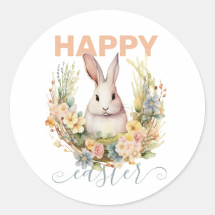 Sticker Rond Pâques joyeux avec lapin et couronne florale