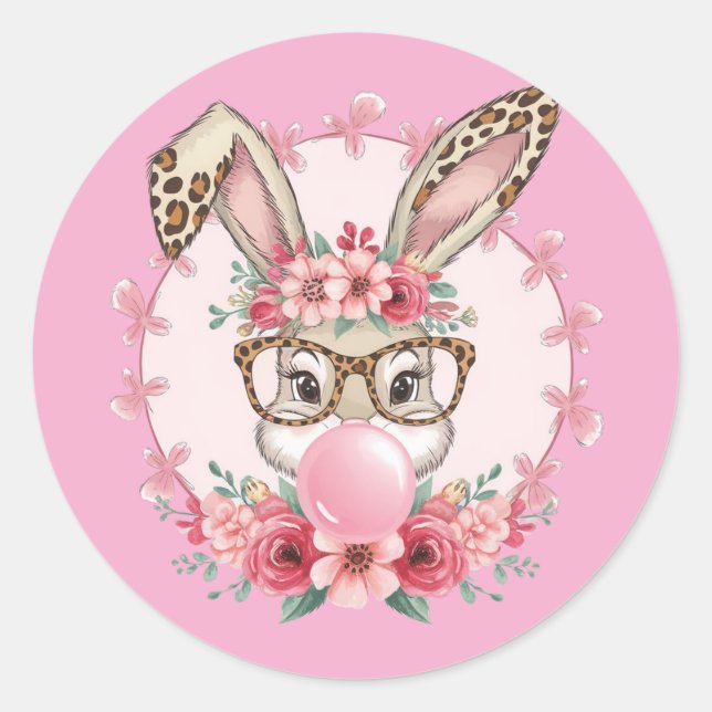 Sticker Rond Pâques mignonne Floral Bunny Leopard cadeau (Devant)