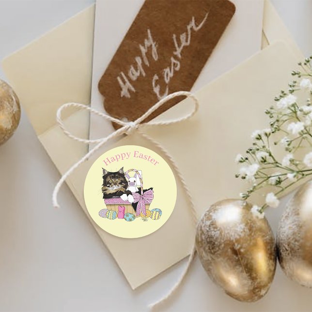 Sticker Rond Pâques Panier Tabby Kitten (Créateur téléchargé)