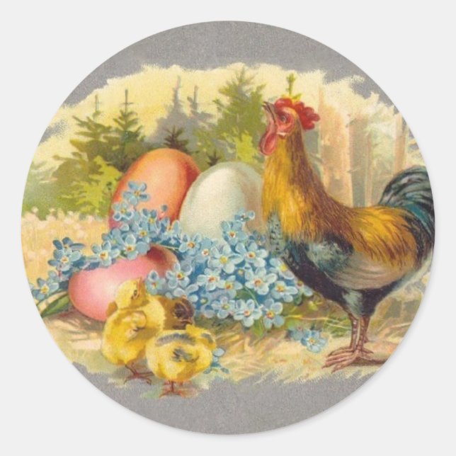 Sticker Rond Pâques - Poussins, Oeufs & Rooster - Carte Postale (Devant)