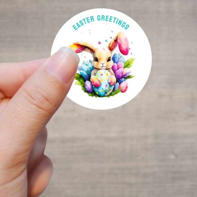 Sticker Rond Pâques Salutations Bunny Peinture Oeufs Personnali (Créateur téléchargé)
