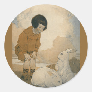 Sticker Rond Pâques vintages, Enfant Jouant Lapin Blanc lapins