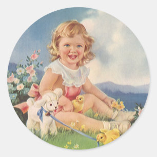 Sticker Rond Pâques vintages, Fille avec Poussins Lamb dans la 