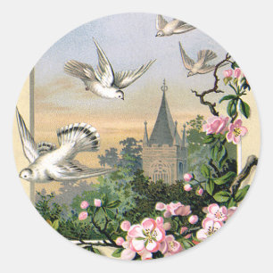 Sticker Rond Pâques vintages, oiseaux de colombe blanche et fle