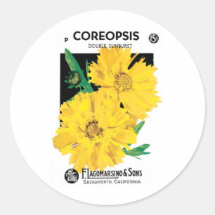 Sticker Rond Paquet de semences vintage, Fleurs de Coréopsis Ja
