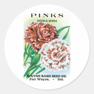 Sticker Rond Paquet de semences vintage, Fleurs d'oeillets rose