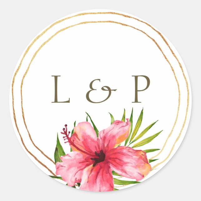 Sticker Rond Paradis de l'île | Mariage de palme à fleurs tropi (Devant)