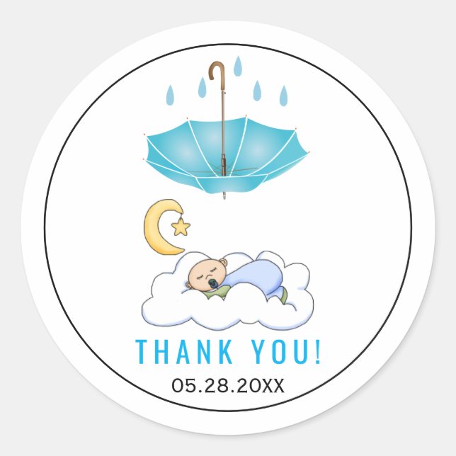 Sticker Rond Parapluie bleu, bébé endormi douche garçon merci (Devant)