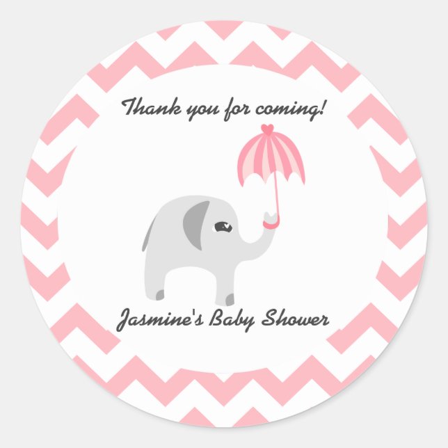Sticker Rond Parapluie rose Baby shower éléphant (Devant)