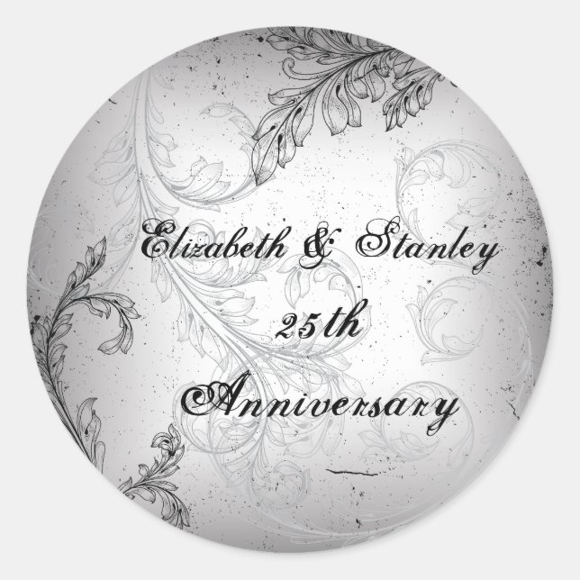 Sticker Rond Parchemin gris noir 25e anniversaire mariage argen (Devant)