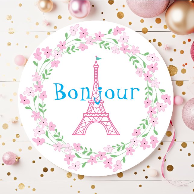 Sticker Rond Paris Bonjour Floral rose (Créateur téléchargé)