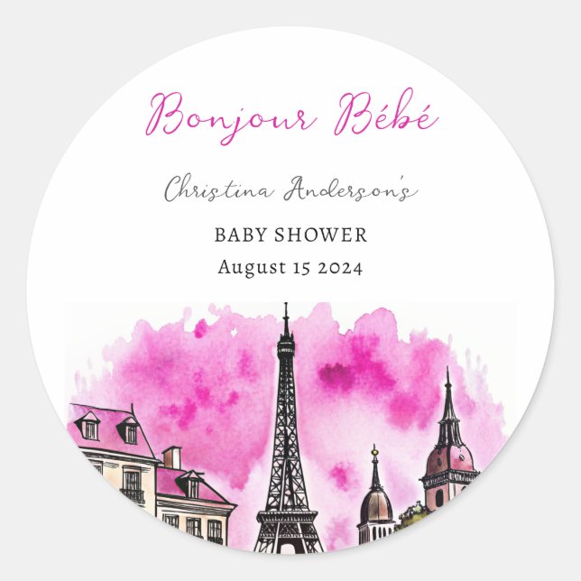 Sticker Rond Paris Français Bonjour Bebe Baby shower noir rose (Devant)