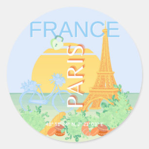 Sticker Rond Paris, France, Art du voyage, Preppy, Pastel, Bleu