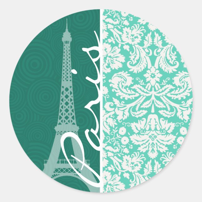 Sticker Rond Paris ; Seafoam Green Damask (Devant)
