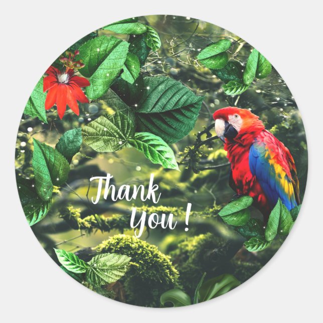 Sticker Rond Parrot écarlate macaw dans la jungle avec des fleu (Devant)