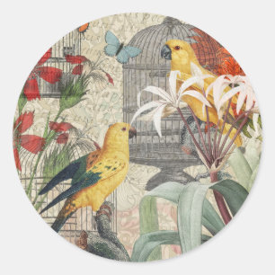 Sticker Rond Parrot Jaune Tropical Antique Fleur