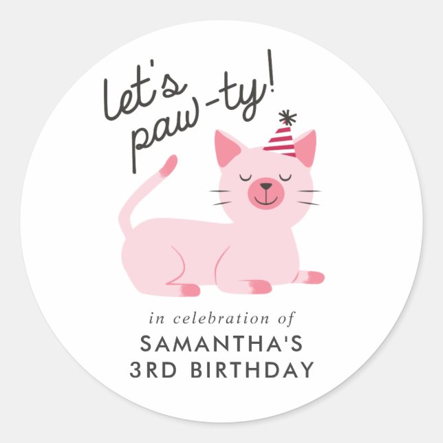 Sticker Rond Parti Anniversaire de enfant Chat Rose | Paw-ty (Devant)