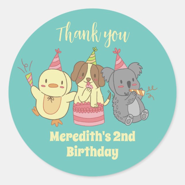 Sticker Rond Parti Anniversaire de enfant de caricature animale (Devant)