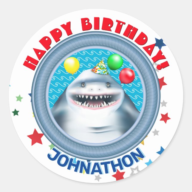 Sticker Rond Parti Anniversaire de enfant du thème requin (Devant)