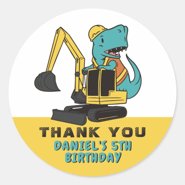 Sticker Rond Parti Anniversaire de enfant T-Rex Et Excavateur (Devant)