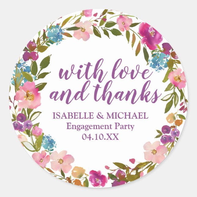 Sticker Rond Parti d'engagement floral pourpre personnalisé (Devant)