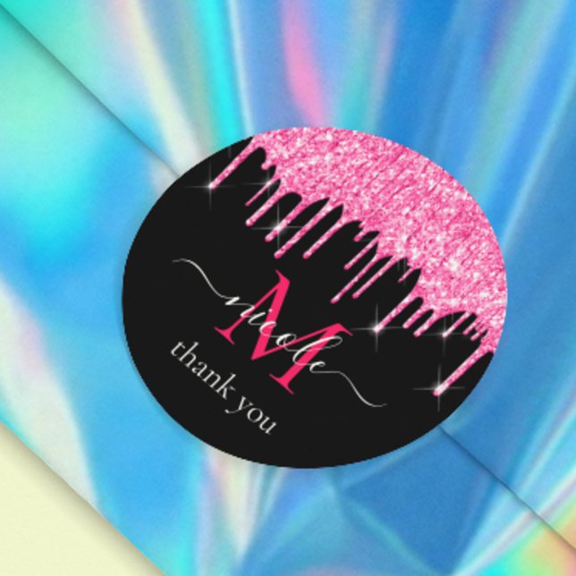 Sticker Rond Parties scintillant à séchage rose chaud + Monogra (Créateur téléchargé)