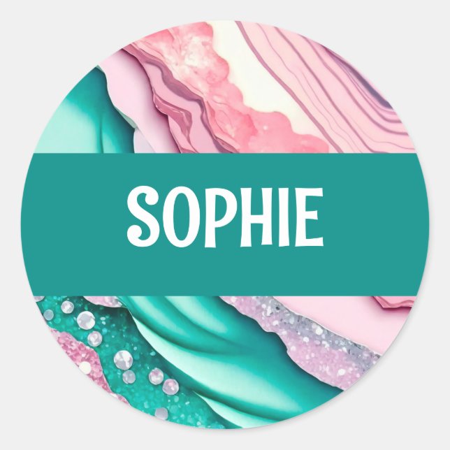 Sticker Rond Parties scintillant abstraite turquoise et rose (Devant)