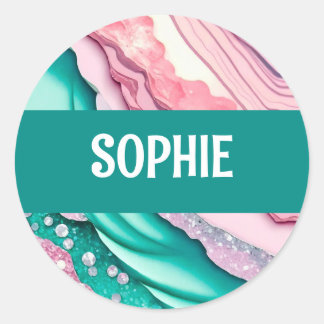 Sticker Rond Parties scintillant abstraite turquoise et rose