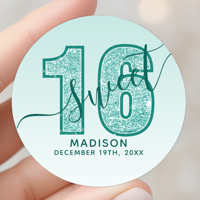 Sticker Rond Parties scintillant Aqua turquoise Script Sweet 16 (Créateur téléchargé)