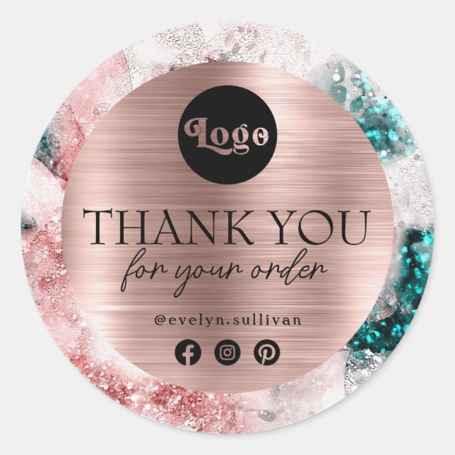 Sticker Rond Parties scintillant Aquarelle Rose or Merci à huil (Devant)