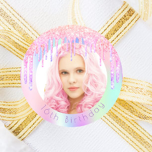 Sticker Rond Parties scintillant arc-en-ciel d'anniversaire gou
