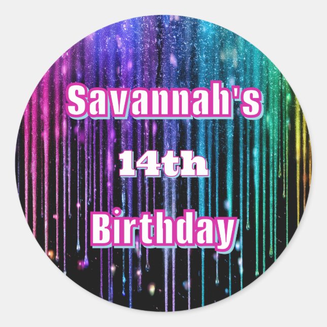 Sticker Rond Parties scintillant arc-en-ciel Drithday Party (Devant)