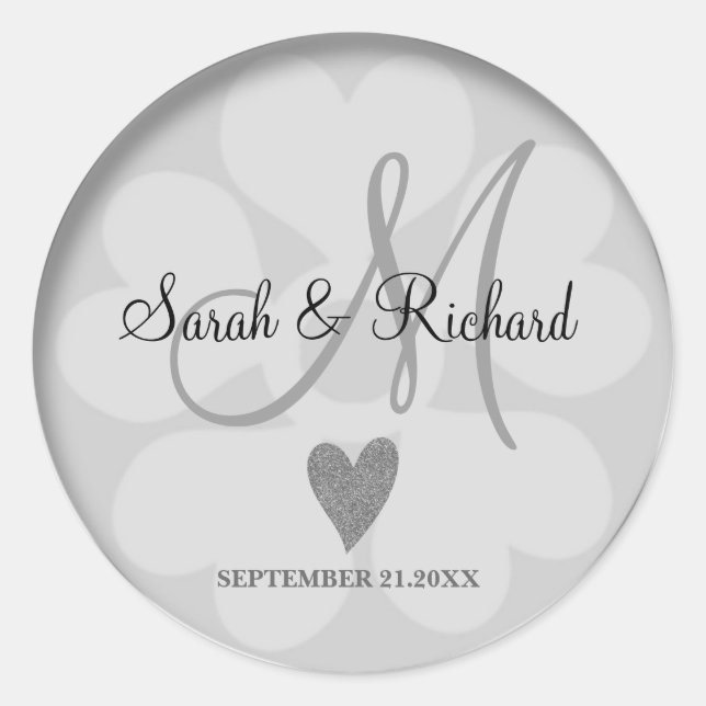 Sticker Rond Parties scintillant Argent Coeur Mariage marié Gro (Devant)