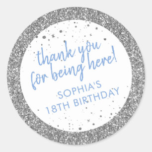 Sticker Rond Parties scintillant argent et bleu Merci Anniversa