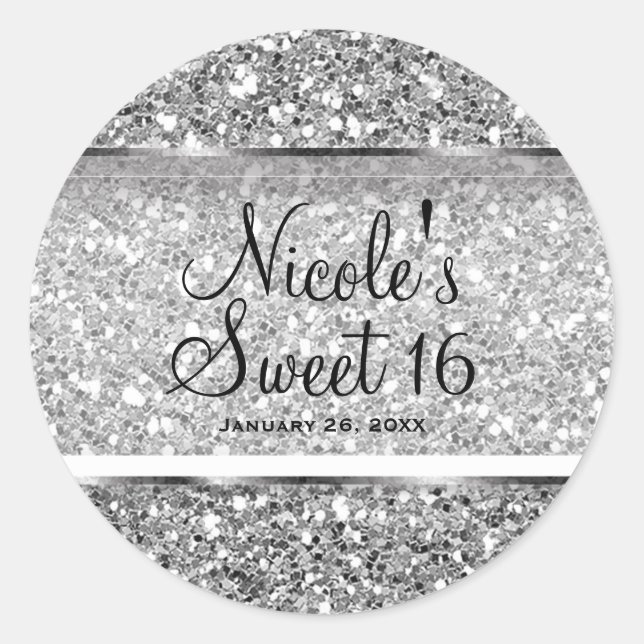 Sticker Rond Parties scintillant argent glam Sweet 16 Personnal (Devant)