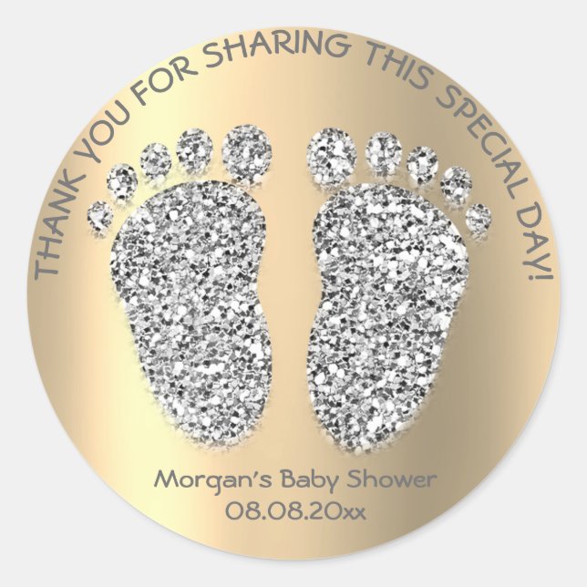 Sticker Rond Parties scintillant Argent Gold Pieds Baby shower  (Devant)