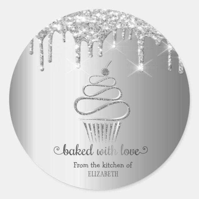 Sticker Rond Parties scintillant argent gouttes Cupcakes cuisin (Devant)